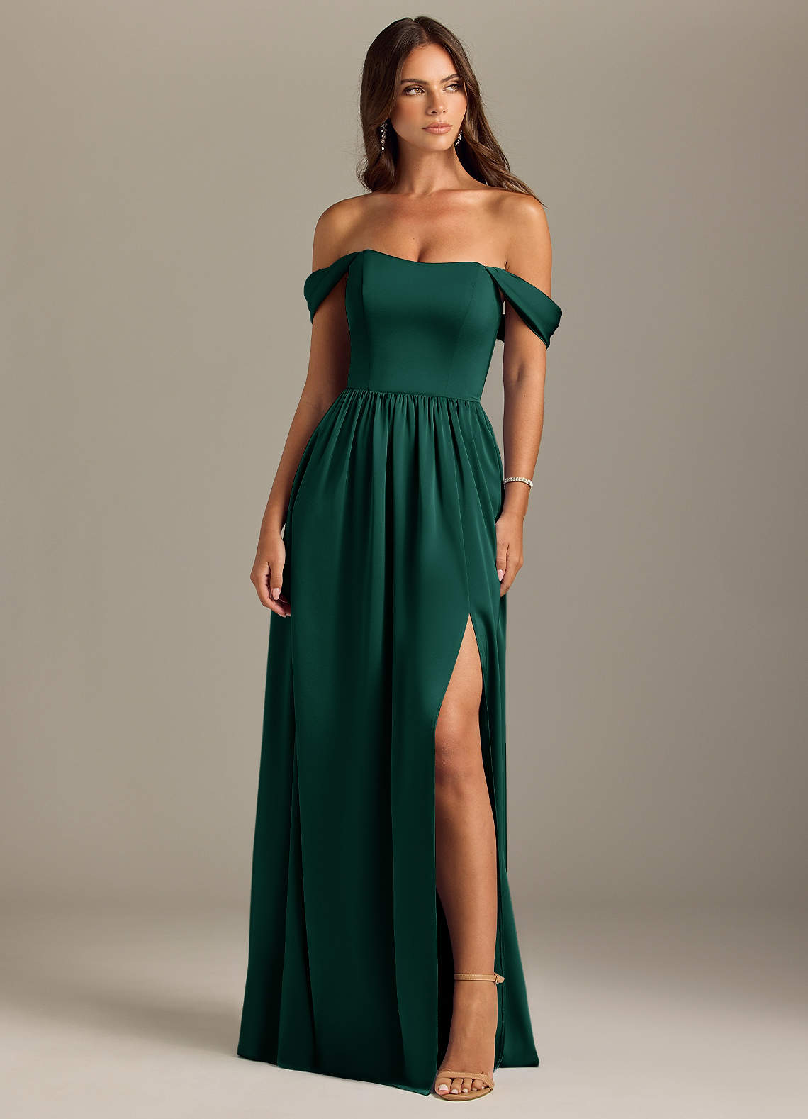 Azazie Calianna Bridesmaid Dresses Emerald A-Line Off the Shoulder Stretch Satin Convertible Dress image1