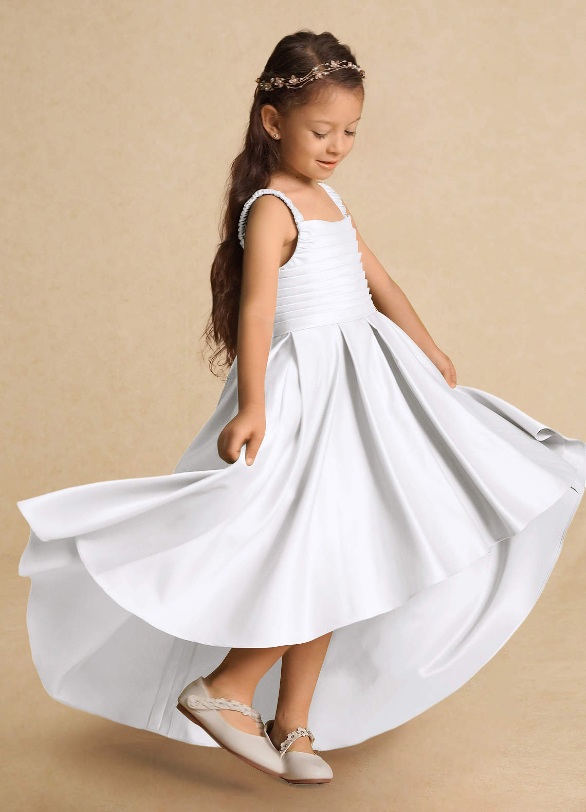 Azazie Kat Flower Girl Dresses White A-Line Pleated Matte Satin Dress image1