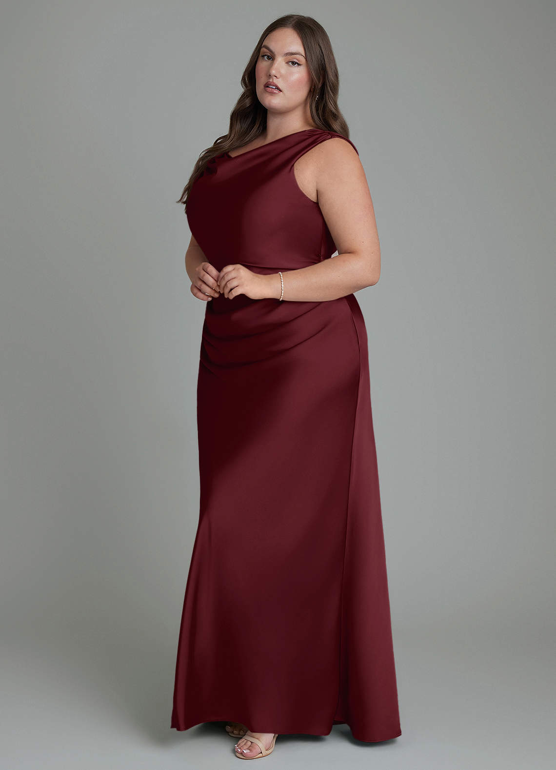 Azazie Kieryn Bridesmaid Dresses Cabernet Mermaid Pleated Stretch Satin Dress image9