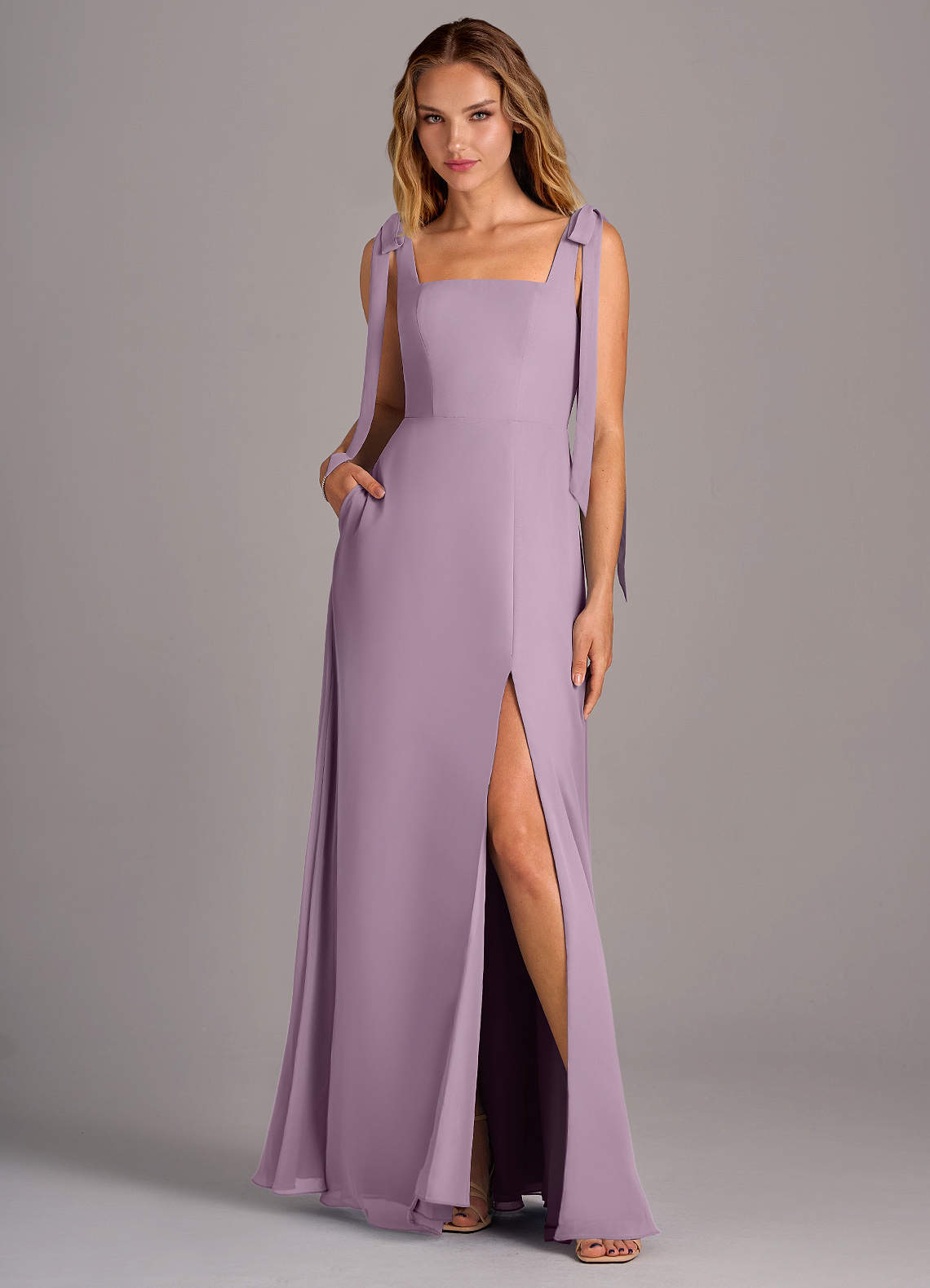 Azazie Debra Bridesmaid Dresses Wisteria A-Line with Pockets Chiffon Convertible Dress image1