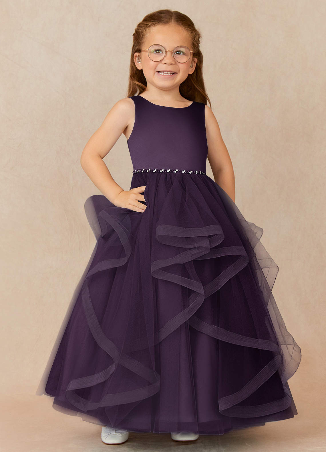 Azazie Sofia Flower Girl Dresses Plum A-Line Beaded Tulle Dress image1