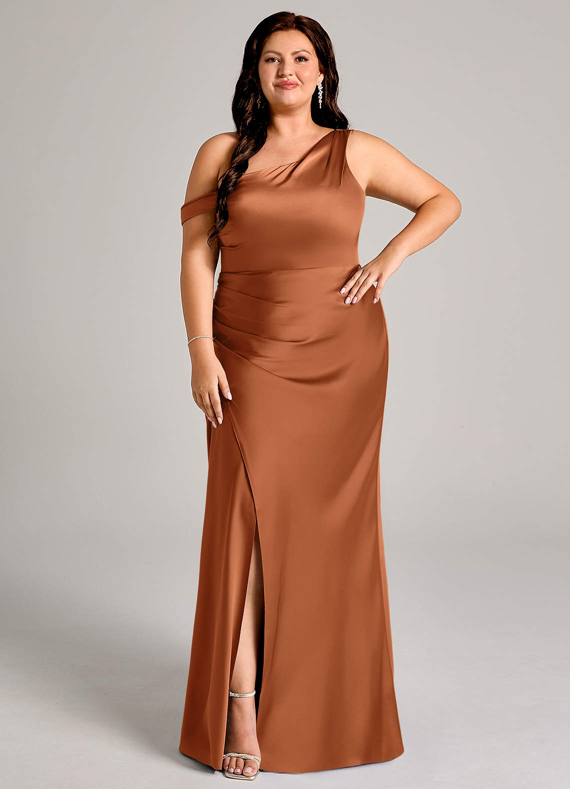 Azazie Madelyn Bridesmaid Dresses Copper Mermaid One Shoulder Stretch Satin Convertible Dress image1
