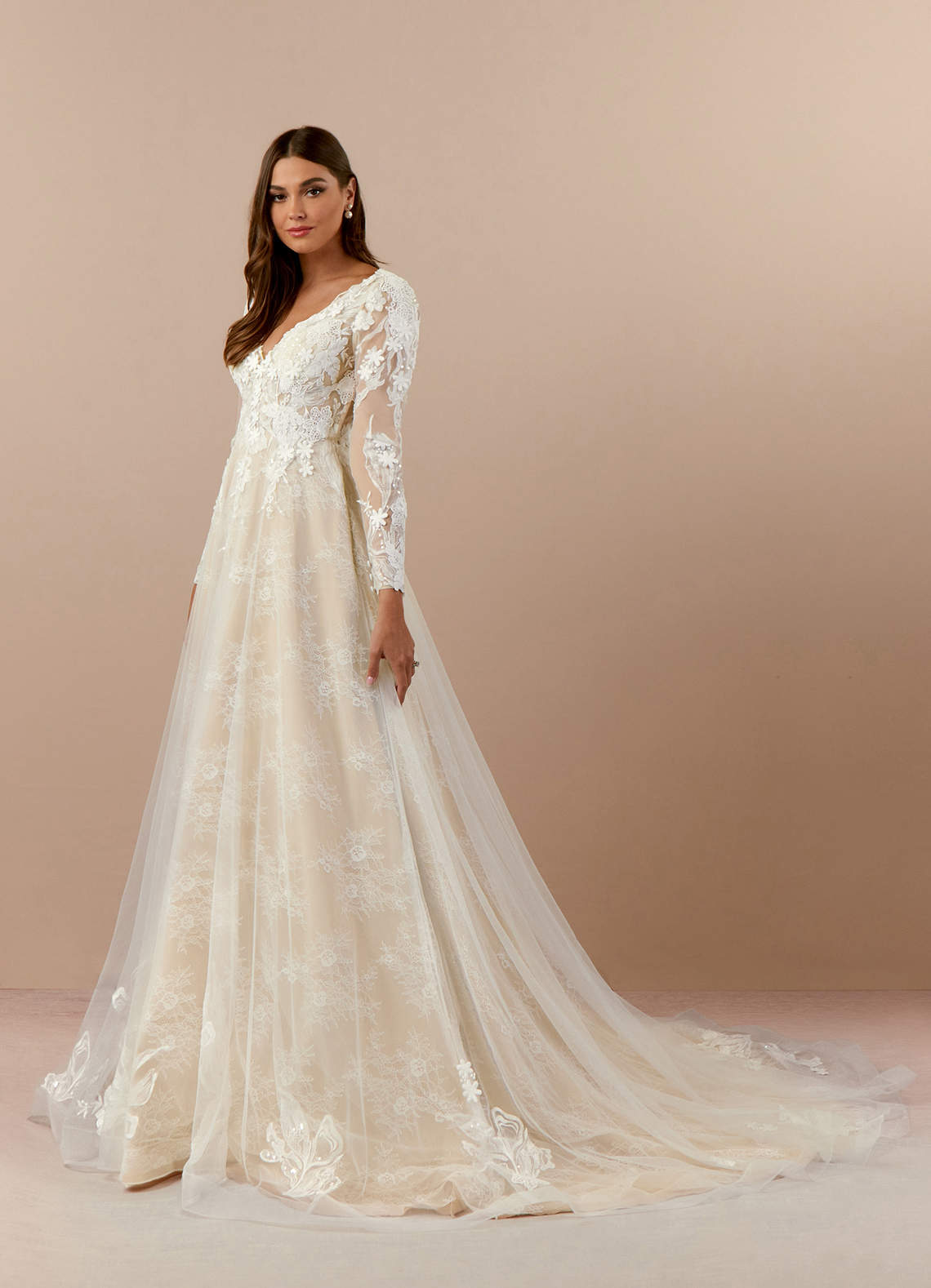 Azazie Leila Wedding Dresses Diamond White Champagne A-Line V-Neck Sequins Tulle Dress image2