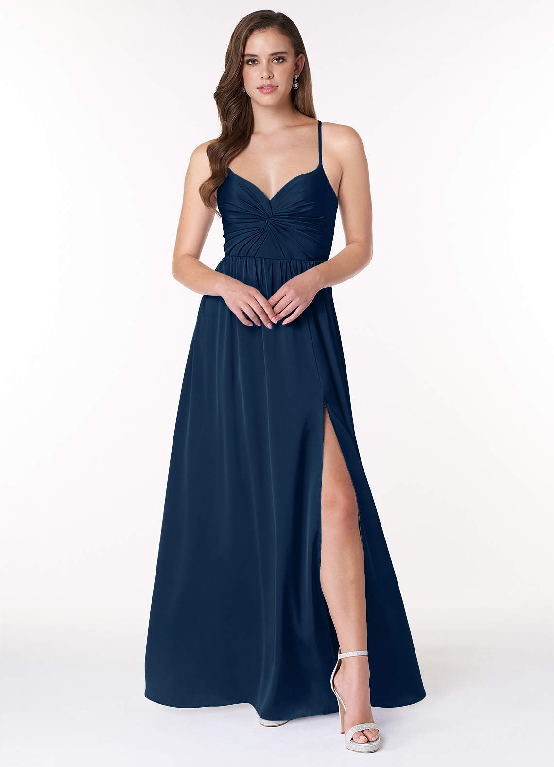 Azazie Raya Brautjungfernkleider A-Linie V-Hals Gefaltet Stretch-Satin Kleid Dunkelmarine image1