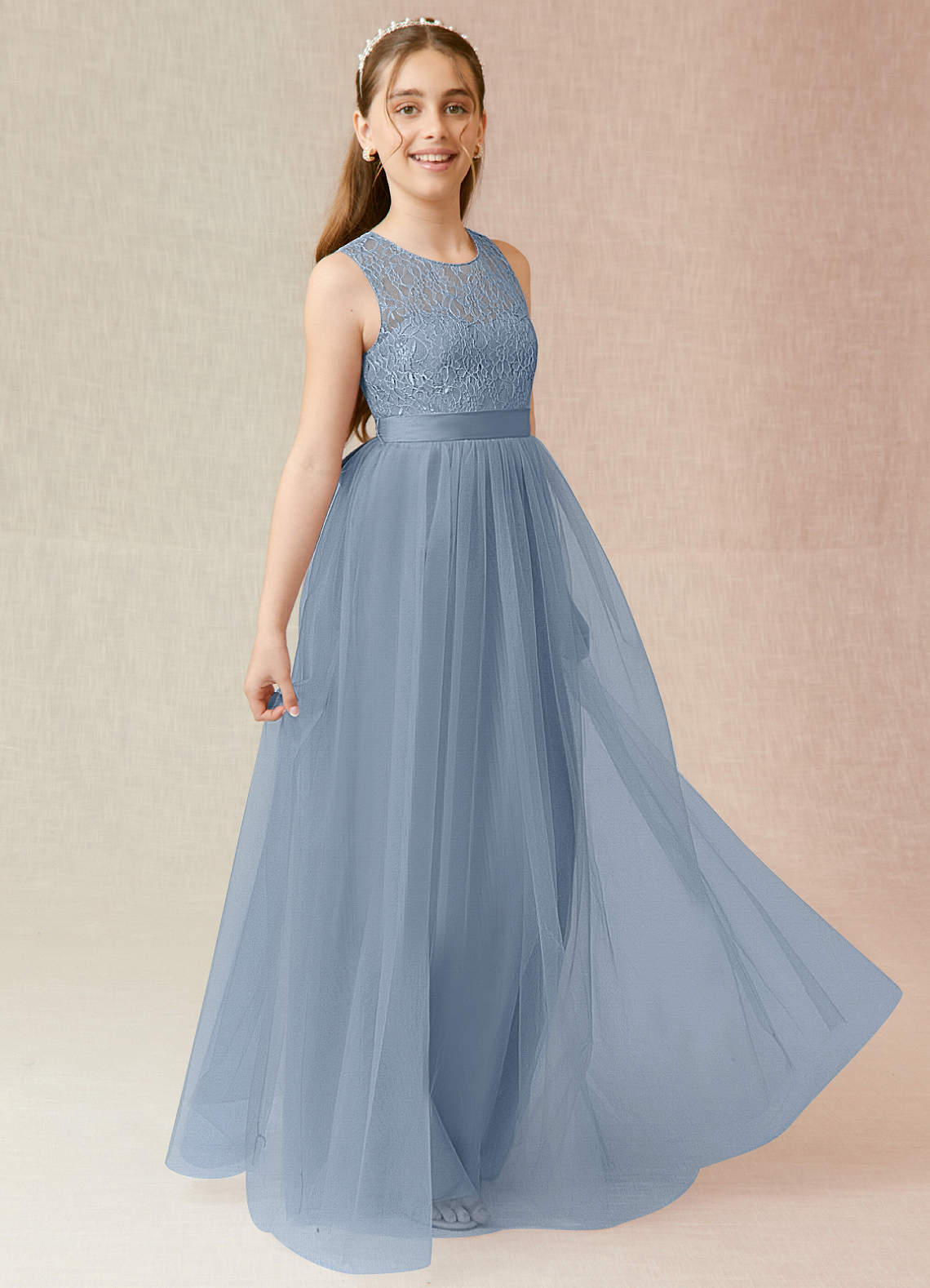 Azazie Georgette Junior Dusty Blue A-Line Lace Tulle Dress image3