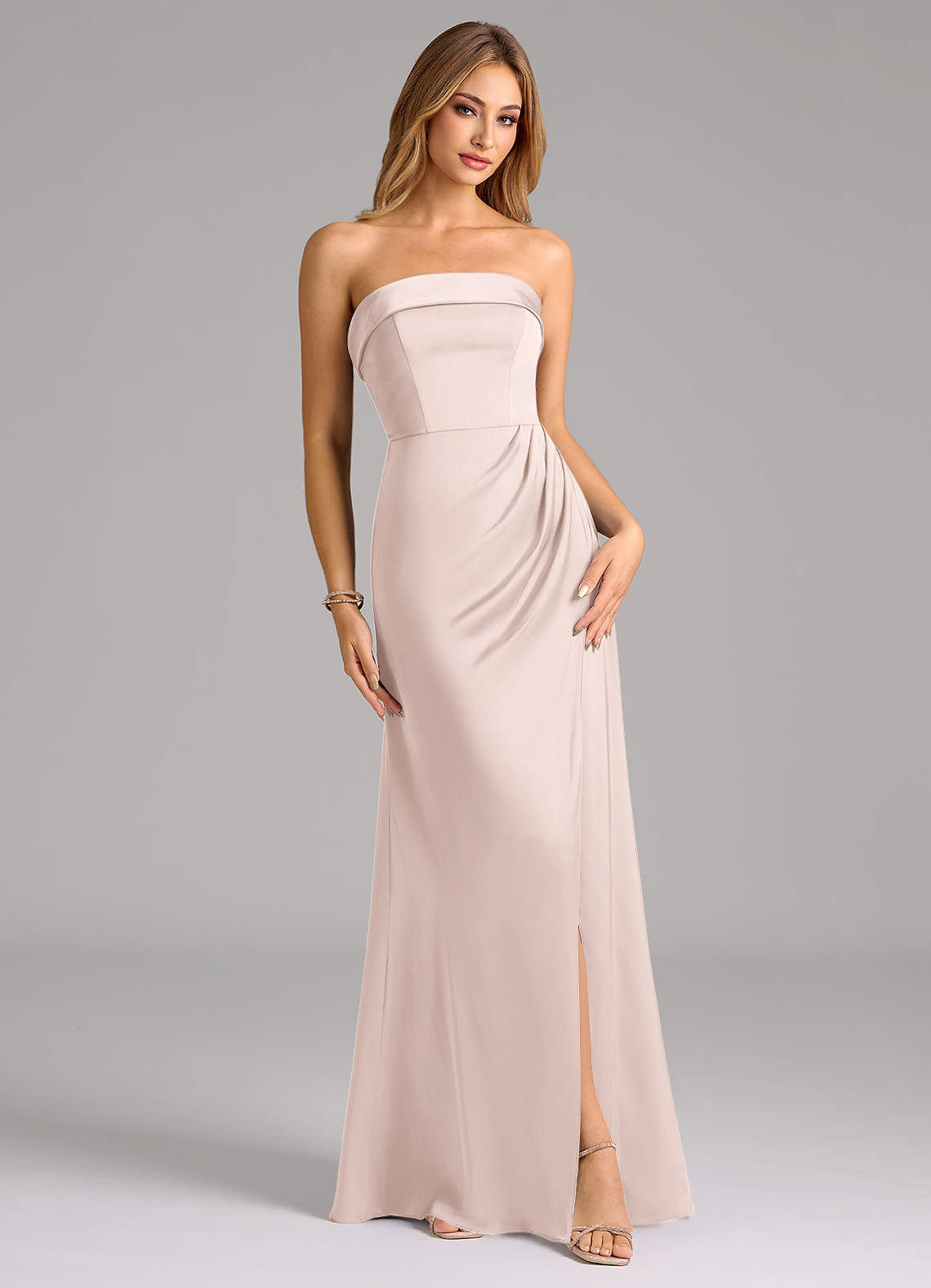 Azazie Aretha Bridesmaid Dresses Blushing Pink A-Line Strapless Stretch Satin Convertible Dress image1