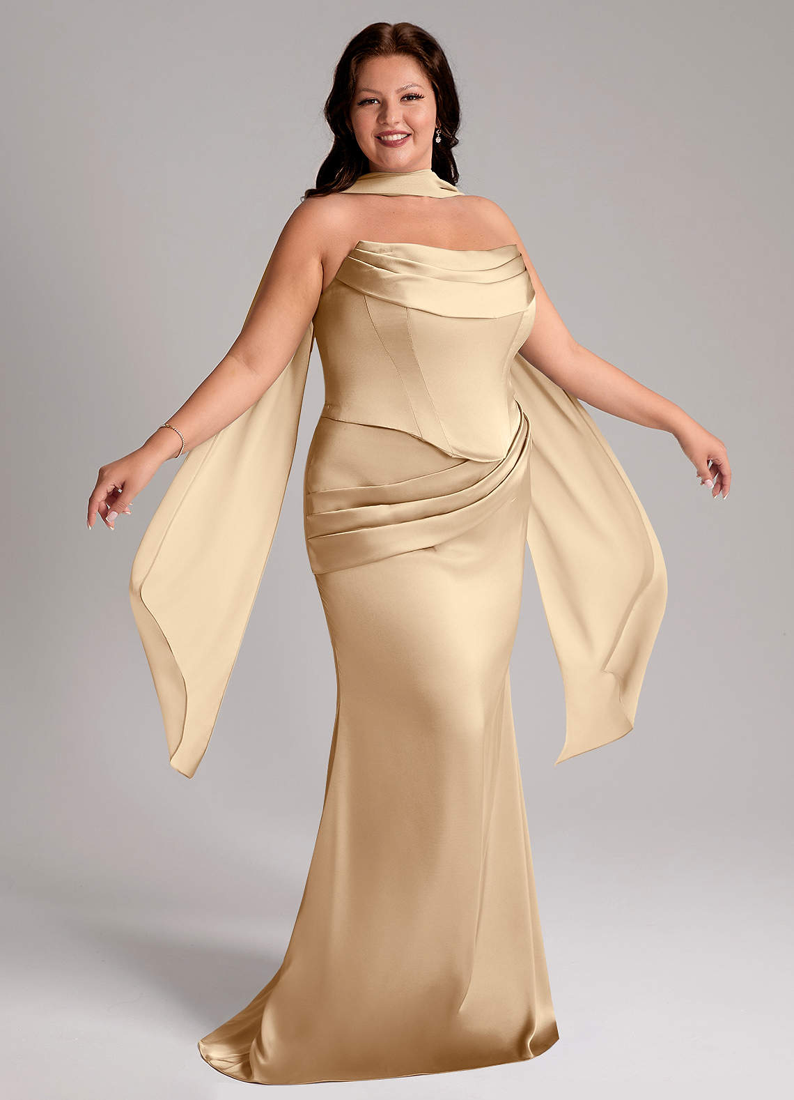 Azazie Sorrel Bridesmaid Dresses Champagne Mermaid Strapless Stretch Satin Convertible Dress image8
