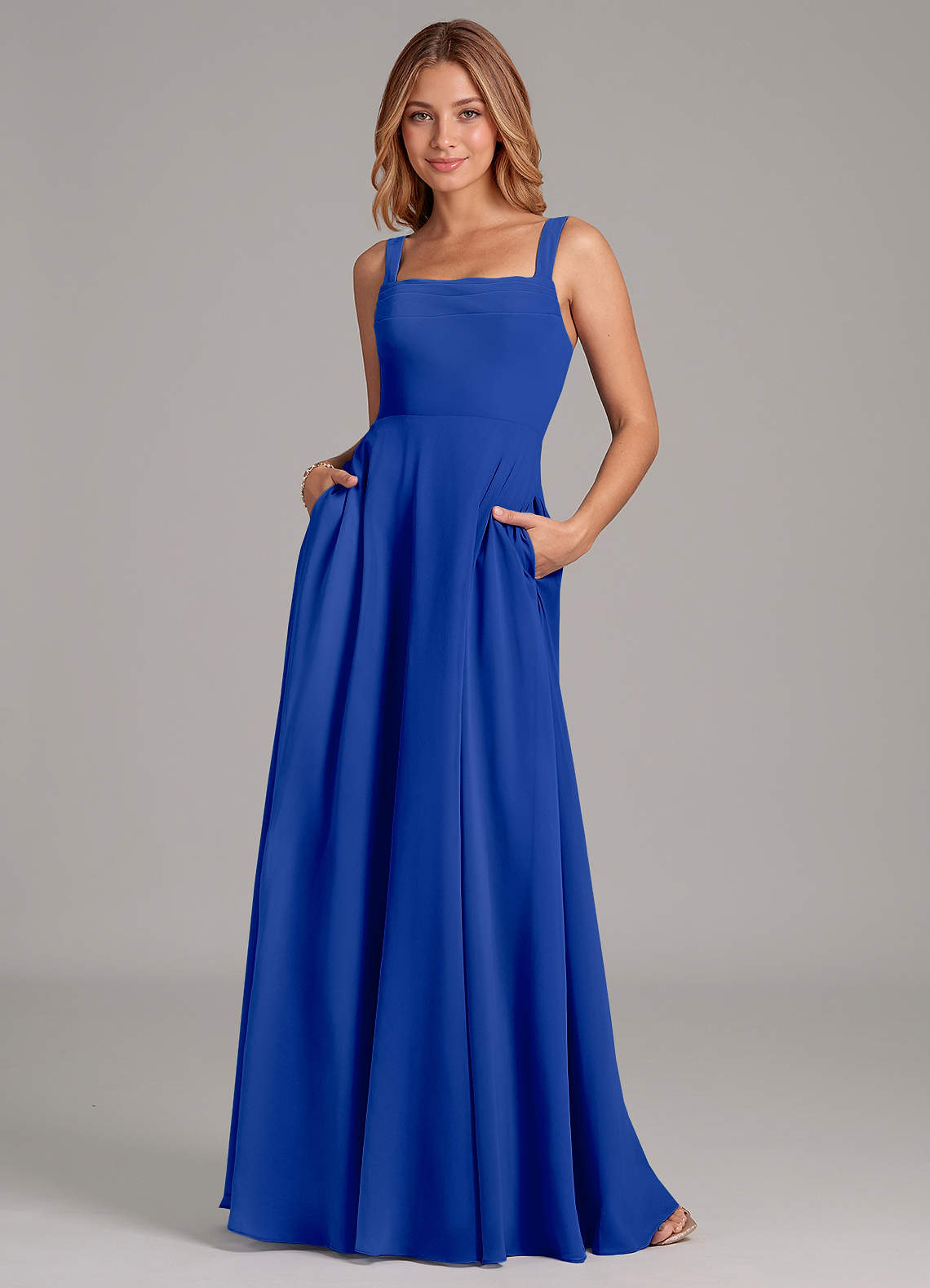 Azazie Shaude Brudtärnklänningar Klänning av A-Linje i Chiffong Plisserad Kungsblå image1