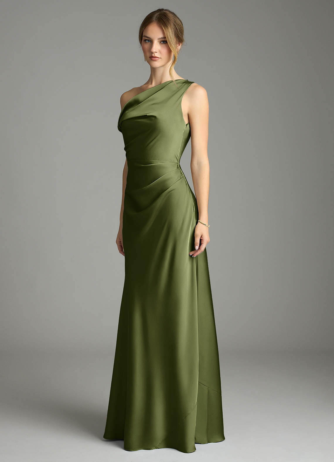 Azazie Emerson Bridesmaid Dresses Olive Mermaid Off the Shoulder Stretch Satin Dress image3