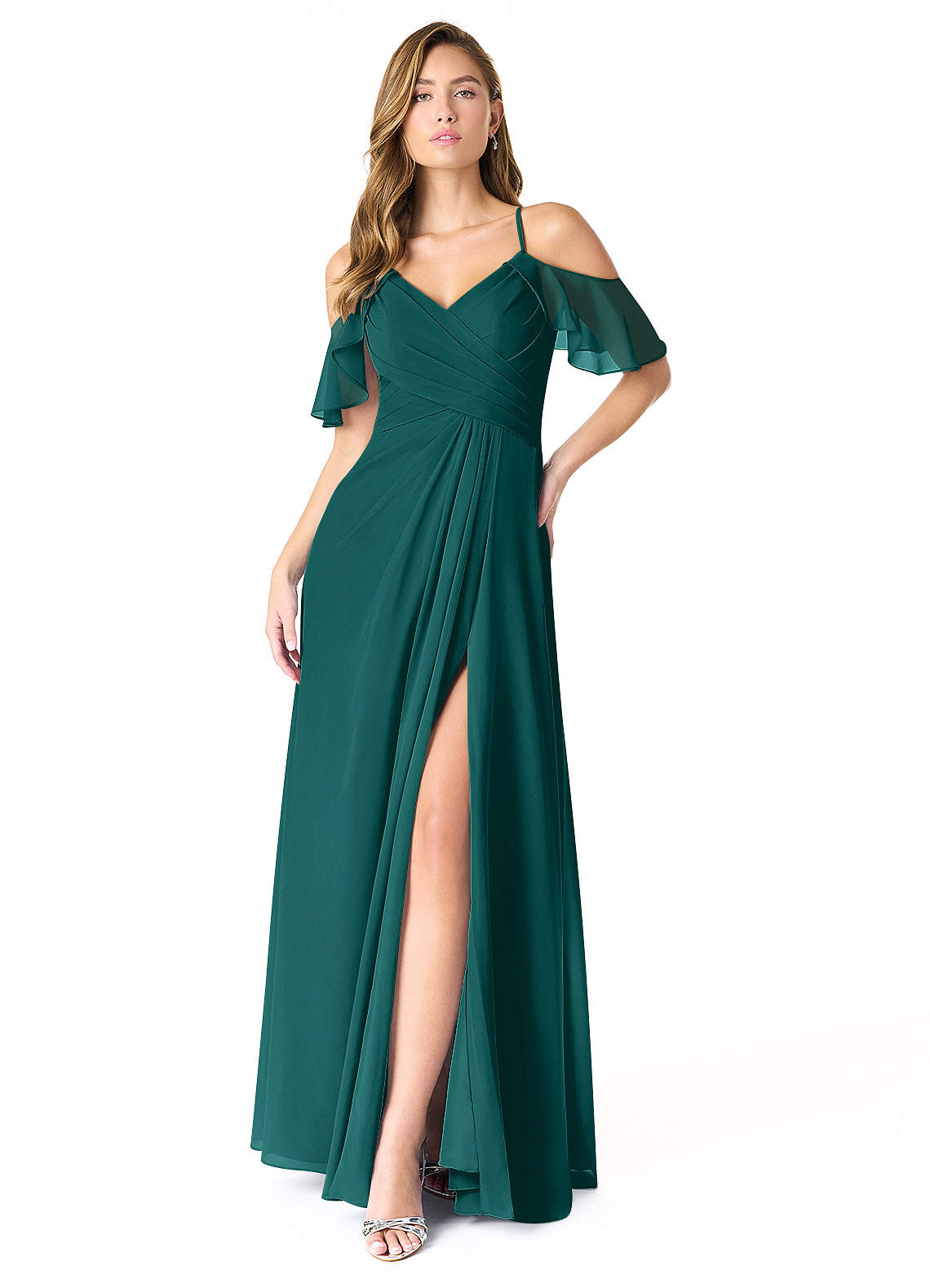 Azazie Dakota Bridesmaid Dresses Peacock A-Line V-Neck Pleated Chiffon Dress image1