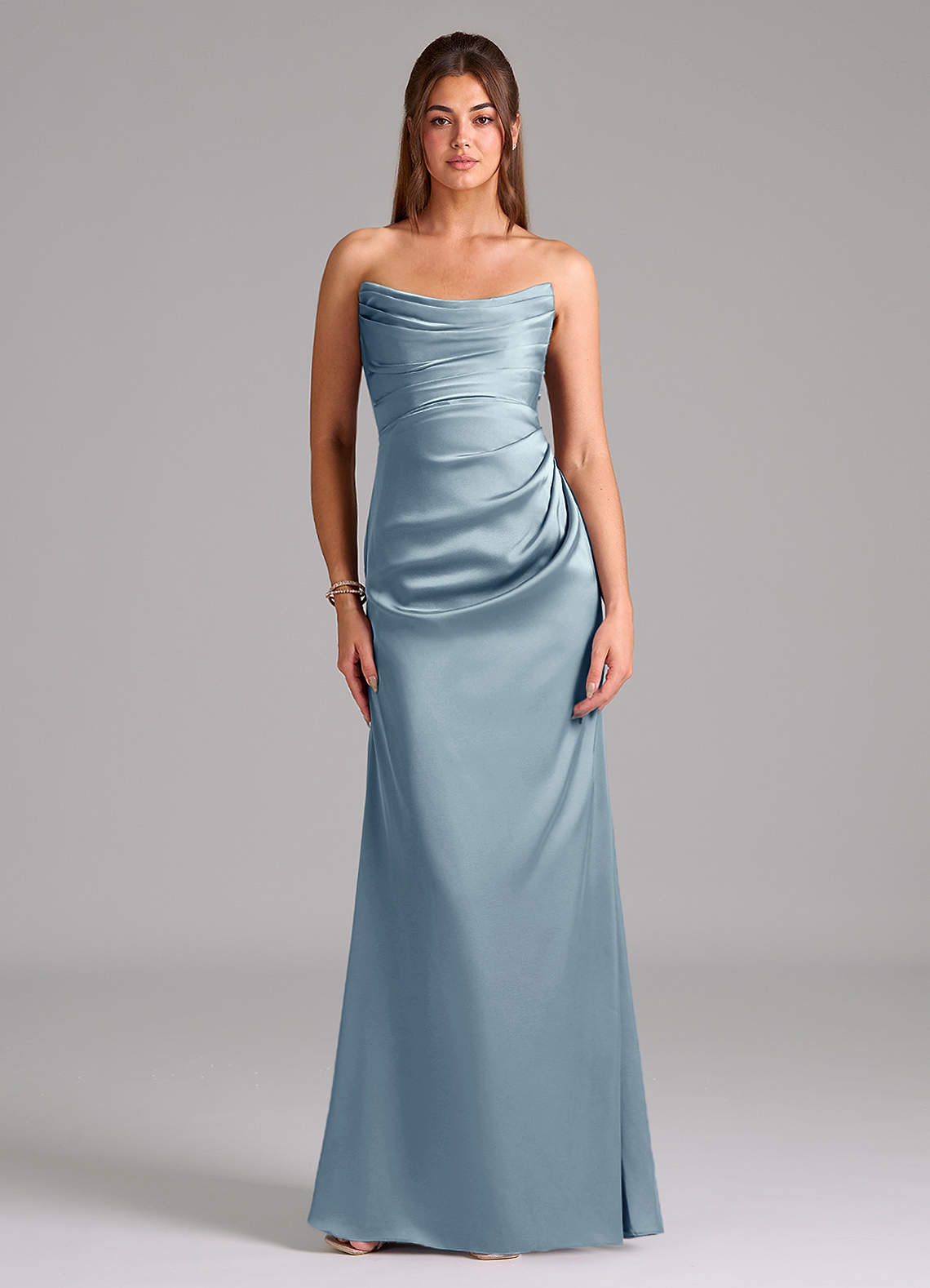 Azazie Lucille Vestidos de damas de honor Vestido de Azul Polvoriento de Satén Elástico de Corte Sirena Convertible con Sin tirantes image1