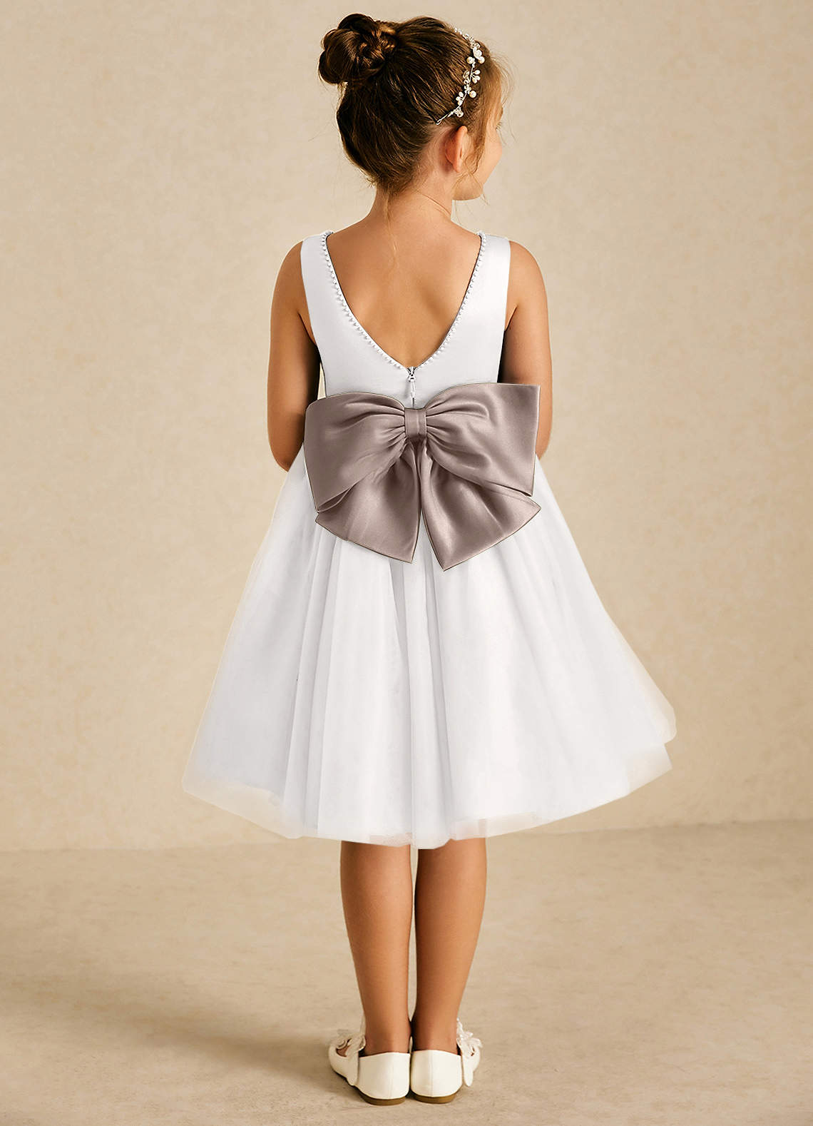 Azazie Seline Flower Girl Dresses Ivory Taupe A-Line Bow Tulle Dress image1