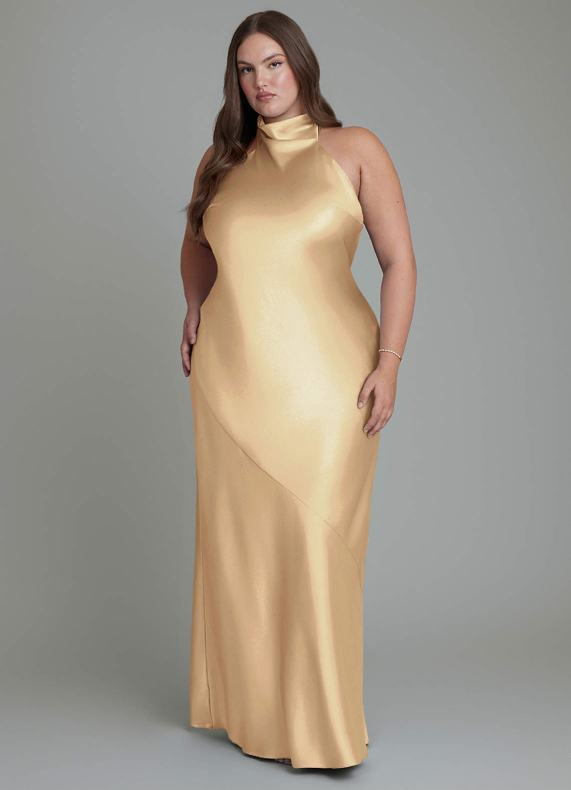 Azazie Velli Bridesmaid Dresses Champagne Sheath High Neck Metallic Satin Dress image1