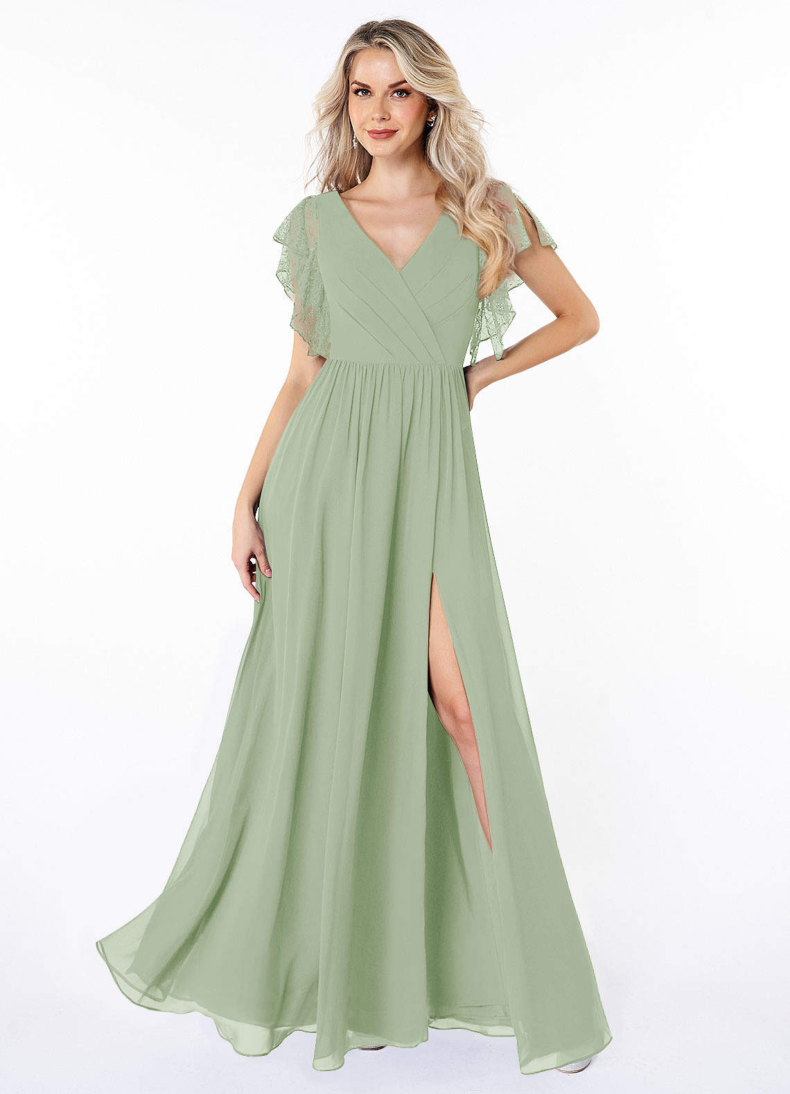 Azazie Zella Bridesmaid Dresses Dusty Sage A-Line Lace Chiffon Dress image1