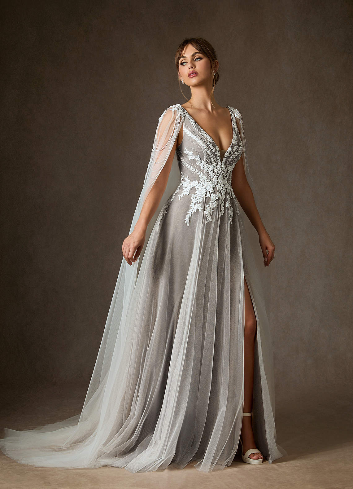 goddess silver wedding dresses Azazie 2026 A-Line Fairy Tale Diamond White/Cocoa Elegant Wedding Dress Lace Chapel Train Lace V-Neck Slit