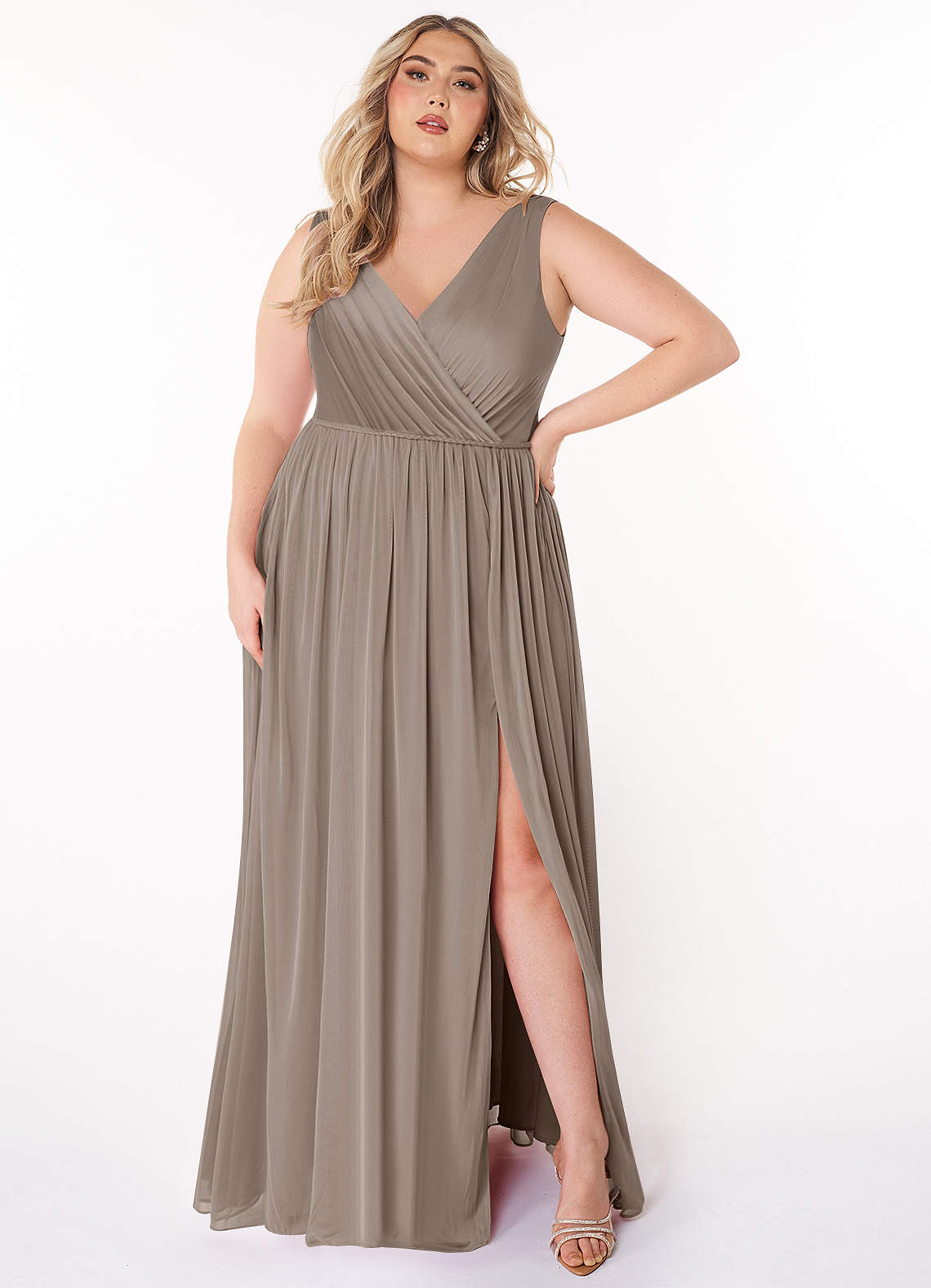 Azazie Tanicia Bridesmaid Dresses Taupe A-Line V-Neck Pleated Mesh Dress image1