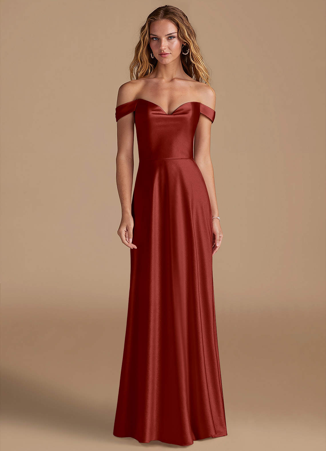 Azazie Jackalin Brautjungfernkleider Wandelbar A-Linie Schulterfrei Metallischer Satin Kleid Terrakotta image1