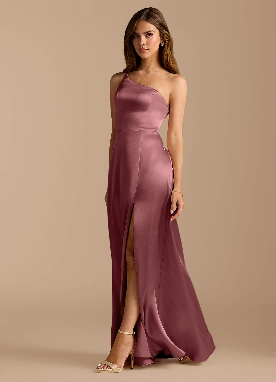 Azazie Trina Bridesmaid Dresses Vintage Mauve A-Line One Shoulder Metallic Satin Dress image1