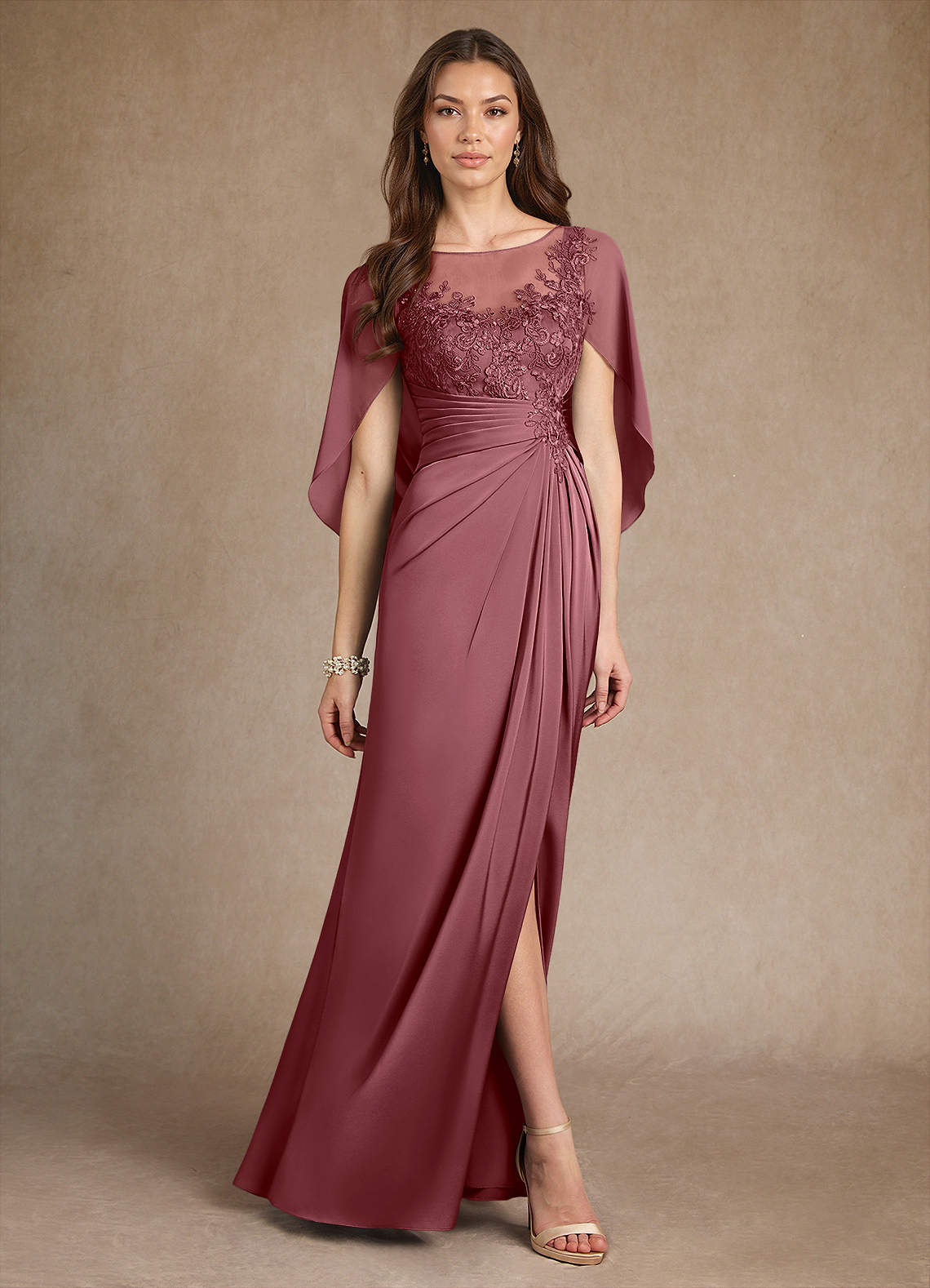 Azazie Hera vestidos de madre de la novia Vestido de Rosa Del Desierto de Satén Elástico de Corte En A con Encaje image3