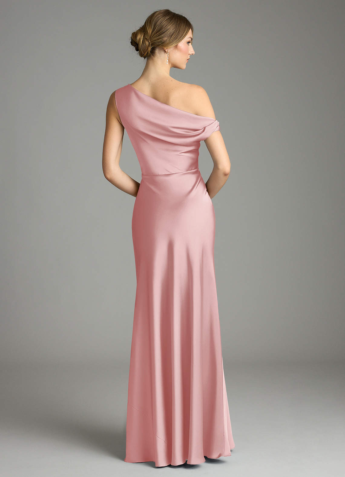Azazie Emerson Bridesmaid Dresses Powder Pink Mermaid Off the Shoulder Stretch Satin Dress image1