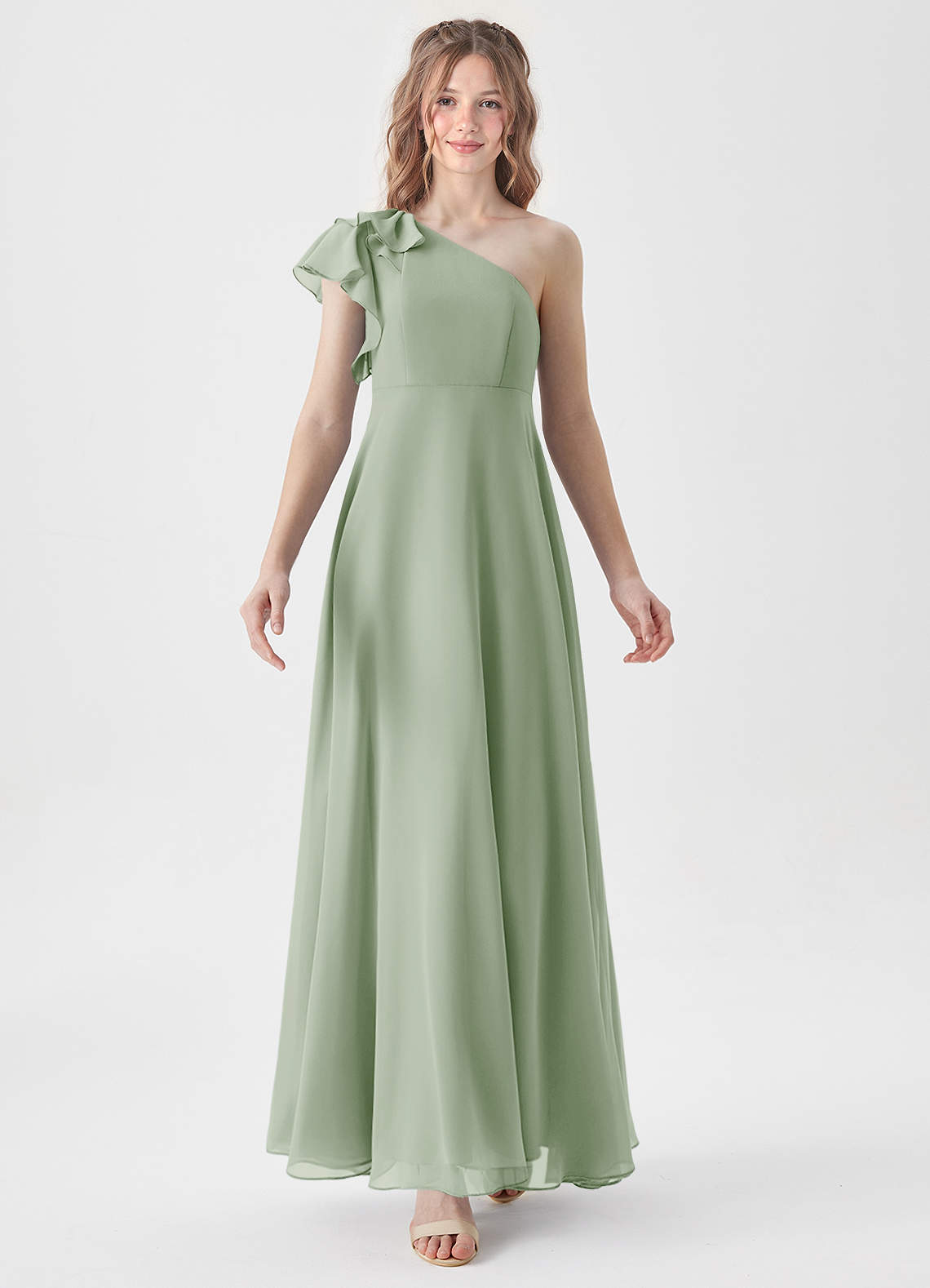 Azazie Arabella Junior Vestido de Salvia Polvorienta de Gasa de Corte en A con Volante image4