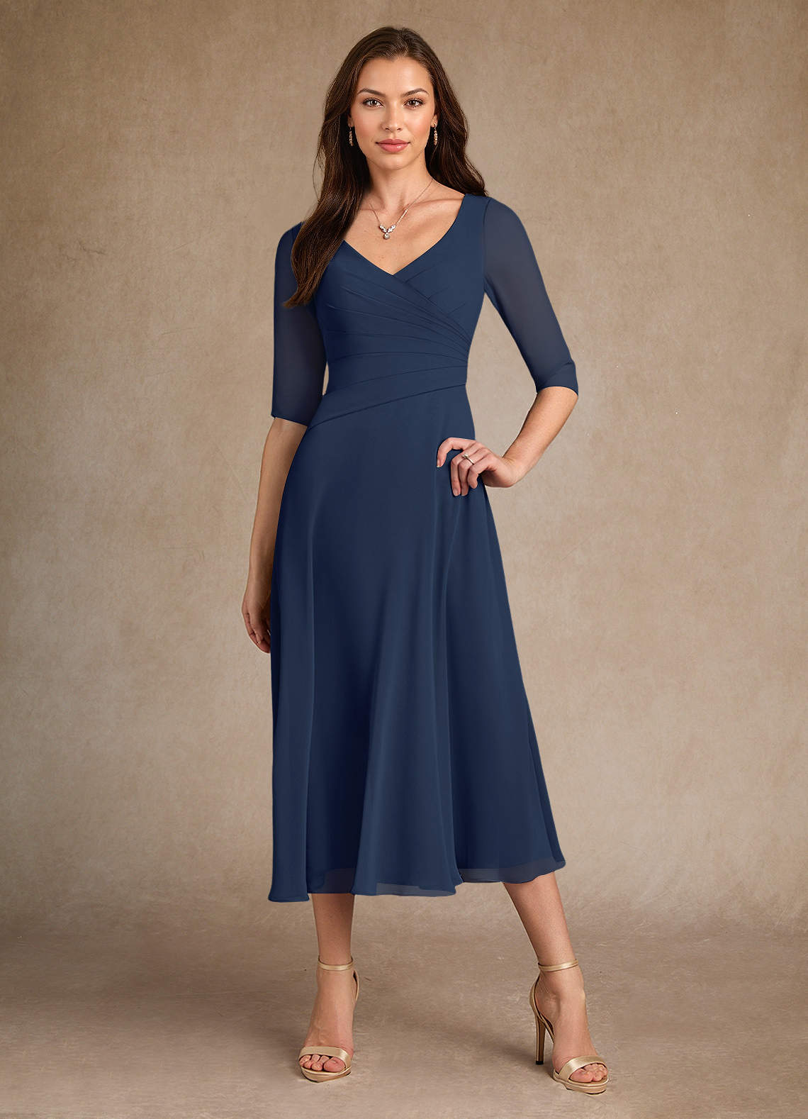 Azazie Durant Dark Navy A-Line Pleated Chiffon Dress