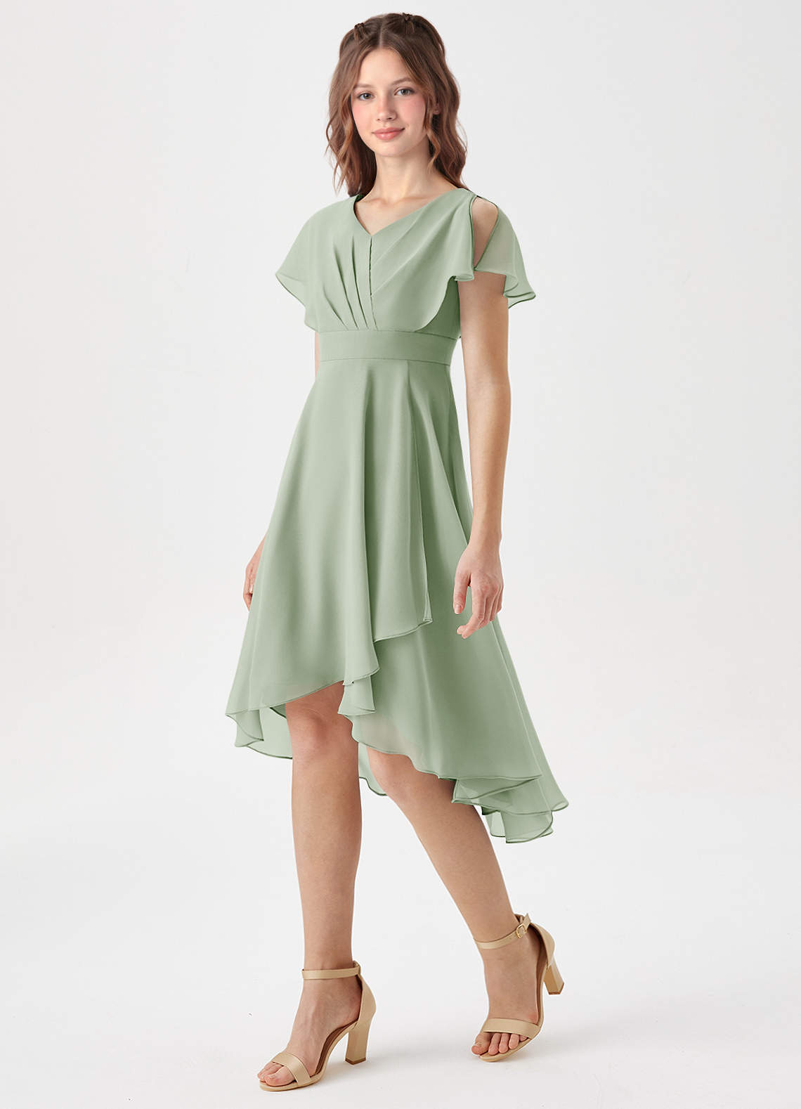 Azazie Graciela Junior Robe Trapèze en Mousseline de soie Plissée Vert Sauge image1