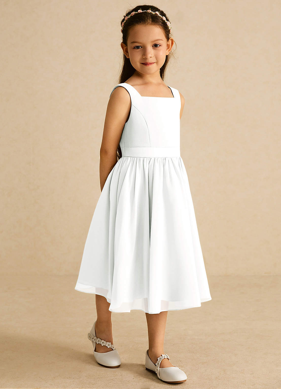 Azazie Ari Flower Girl Dresses Diamond White A-Line Sleeveless Chiffon Dress image4