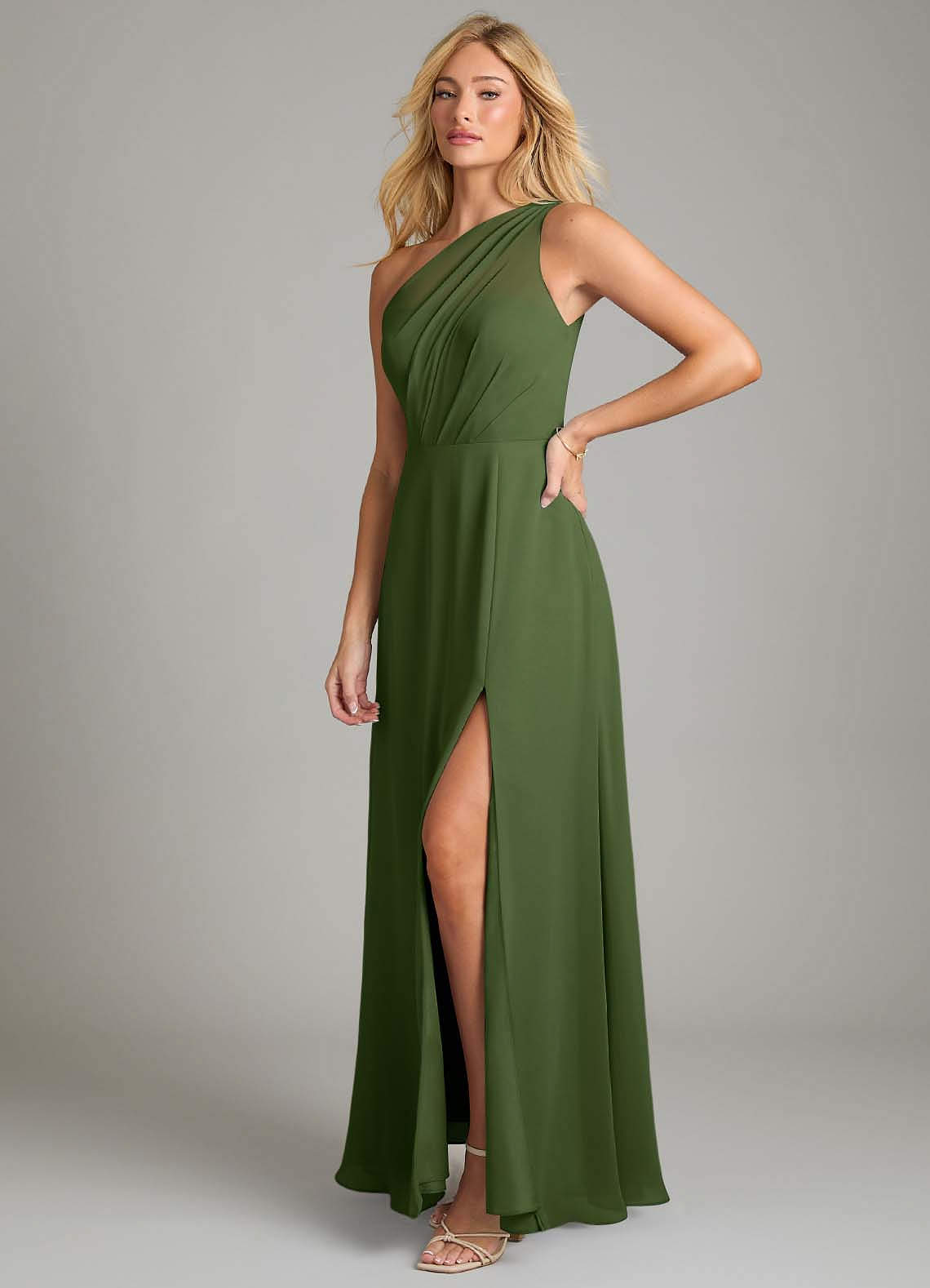 Azazie Phaedra Bridesmaid Dresses Olive A-Line One Shoulder Chiffon Dress image4
