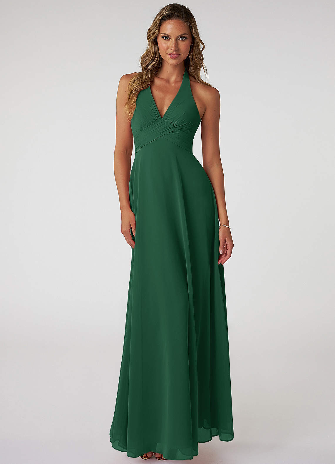 Azazie Tessie Bridesmaid Dresses Dark Green A-Line V-Neck Pleated Chiffon Dress image1