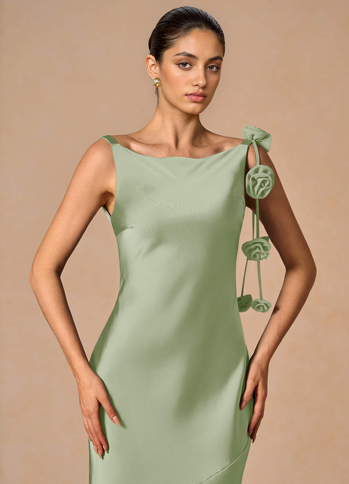 Azazie Floor-Length Maxi Dresses Column Wedding Guest Formal Dresses Bateau 3D Flowers Light Green