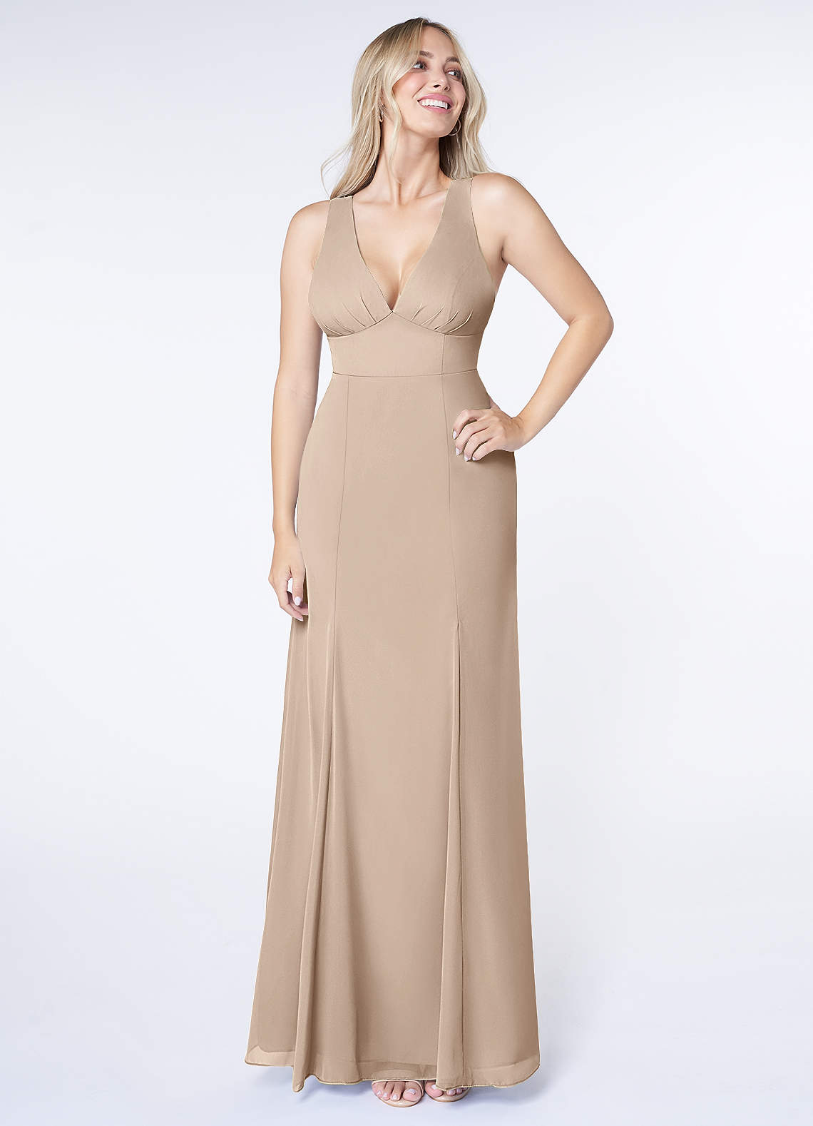 Azazie Christiana Bridesmaid Dresses Taupe A-Line V-Neck Pleated Chiffon Dress image1