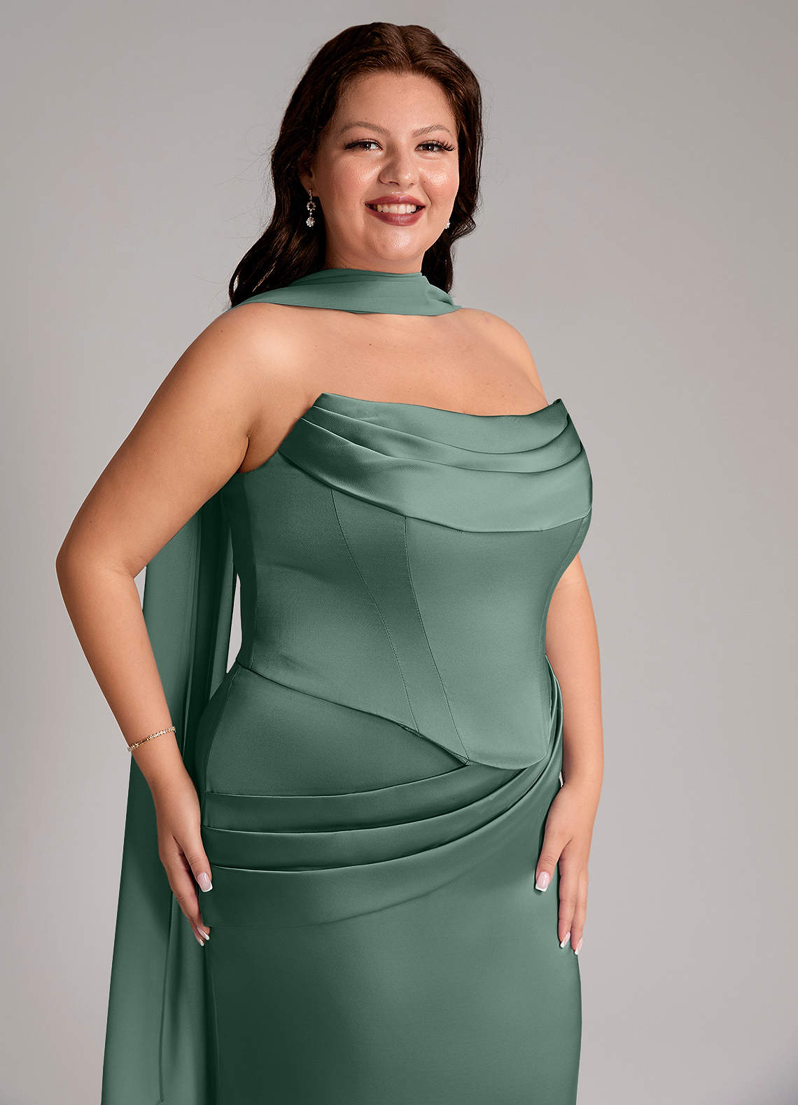 Azazie Sorrel Bridesmaid Dresses Eucalyptus Mermaid Strapless Stretch Satin Convertible Dress image9