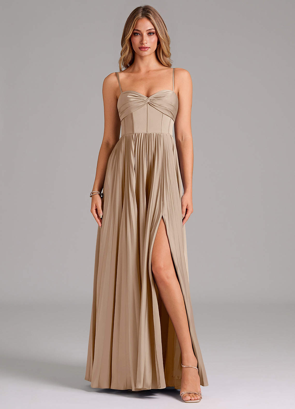 Azazie Tyla Bridesmaid Dresses Taupe A-Line Sweetheart Neckline Stretch Satin Dress image1
