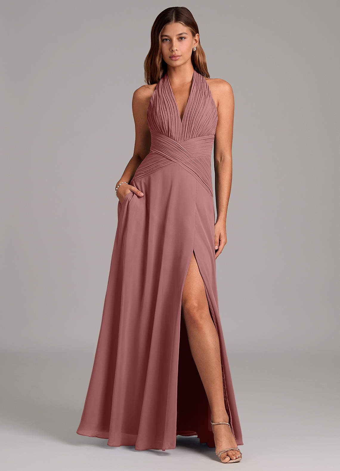 Azazie Elizabeth Bridesmaid Dresses Desert Rose A-Line Pleated Chiffon Dress image1