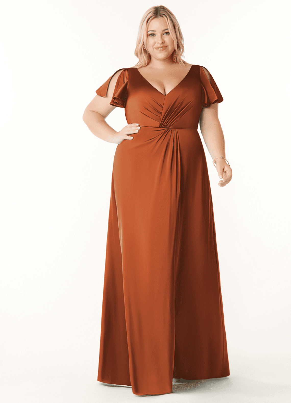 Azazie Soren Bridesmaid Dresses Cinnamon A-Line Pleated Stretch Satin Dress image1