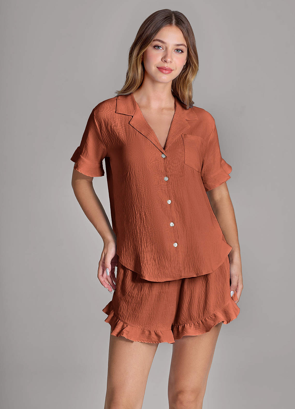 front Matching Color Ruffled Cloud-Soft Pajama Set