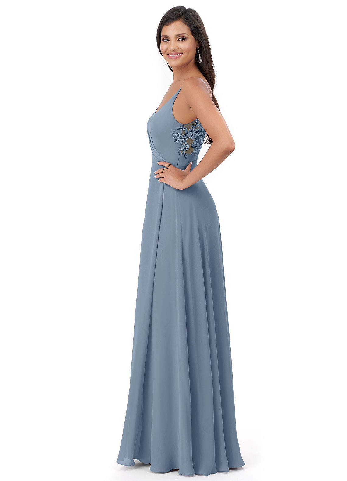 Azazie Lennon Vestidos de madrinha de casamento Vestido Azul Empoeirado de Chiffon de Linha A com Renda image2