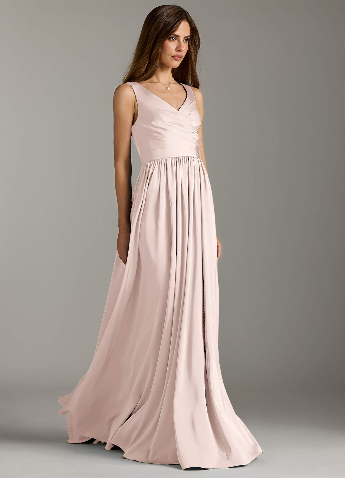 Azazie Keyla Bridesmaid Dresses Blushing Pink A-Line Pleated Stretch Satin Dress image1