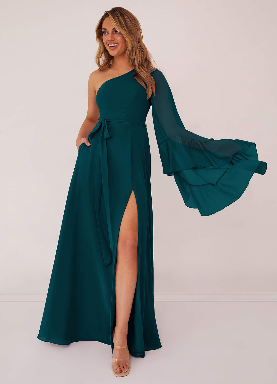 Pine One Shoulder Sleeve Chiffon A-Line Dress Bridesmaid Dresses | Azazie