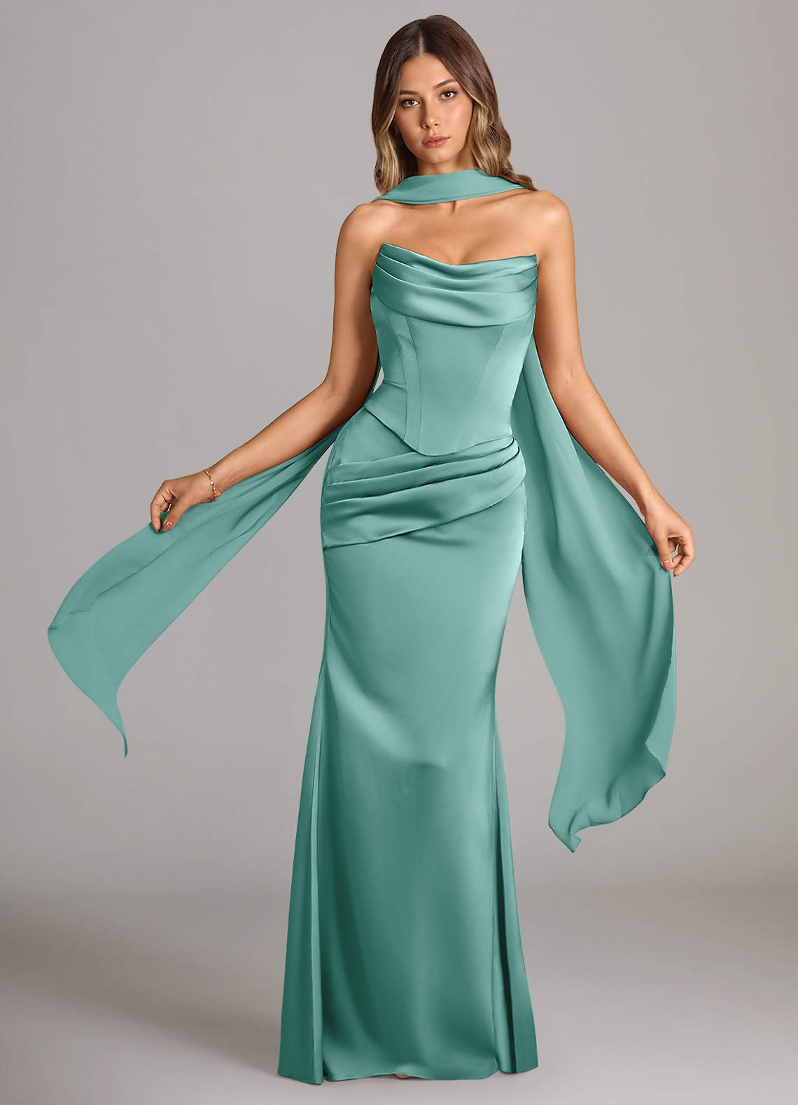 Azazie Sorrel Bridesmaid Dresses Aqua Mermaid Strapless Stretch Satin Convertible Dress image1