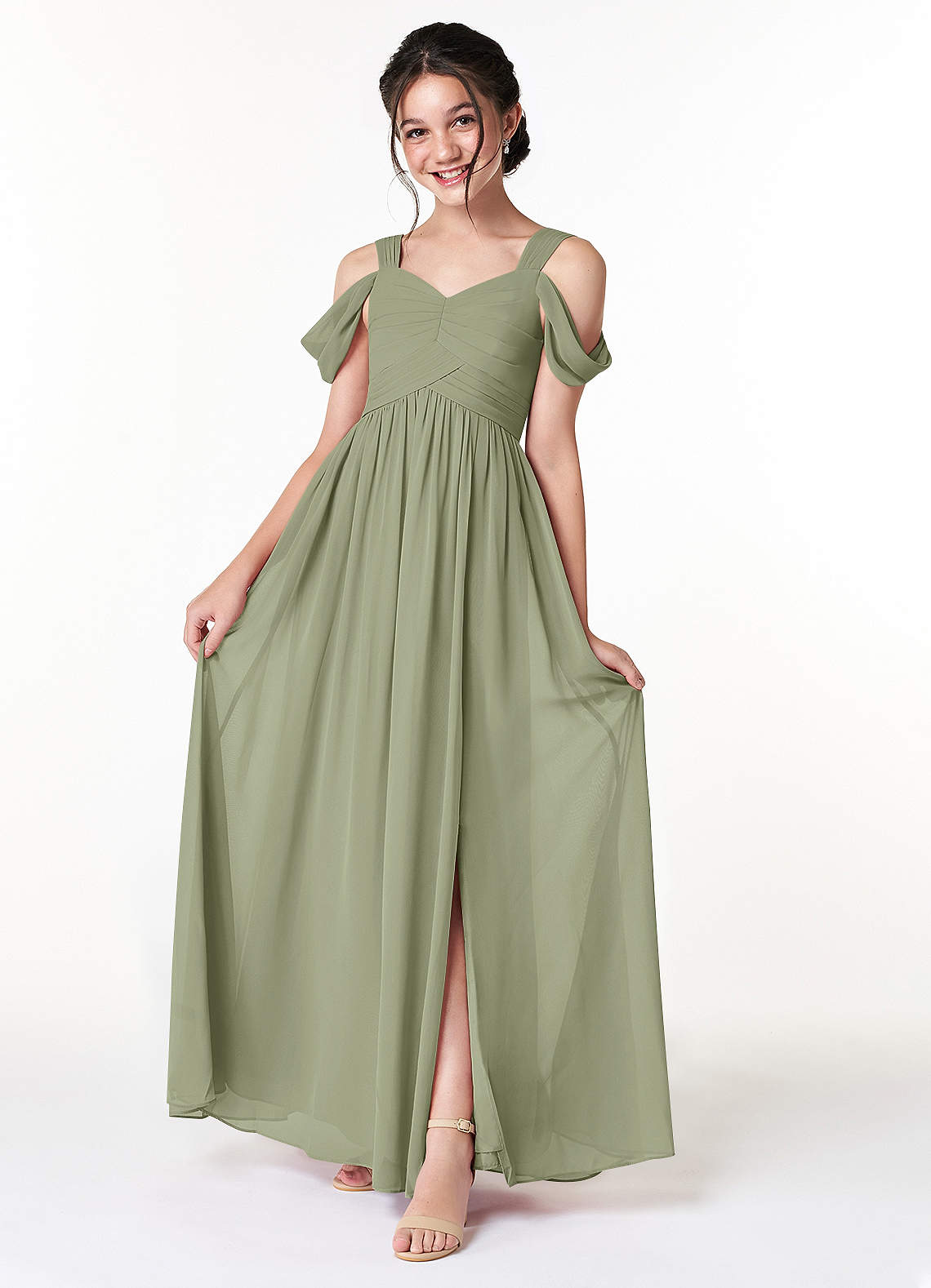 Azazie Lianne Junior Pistachio A-Line Off the Shoulder Chiffon Dress image1