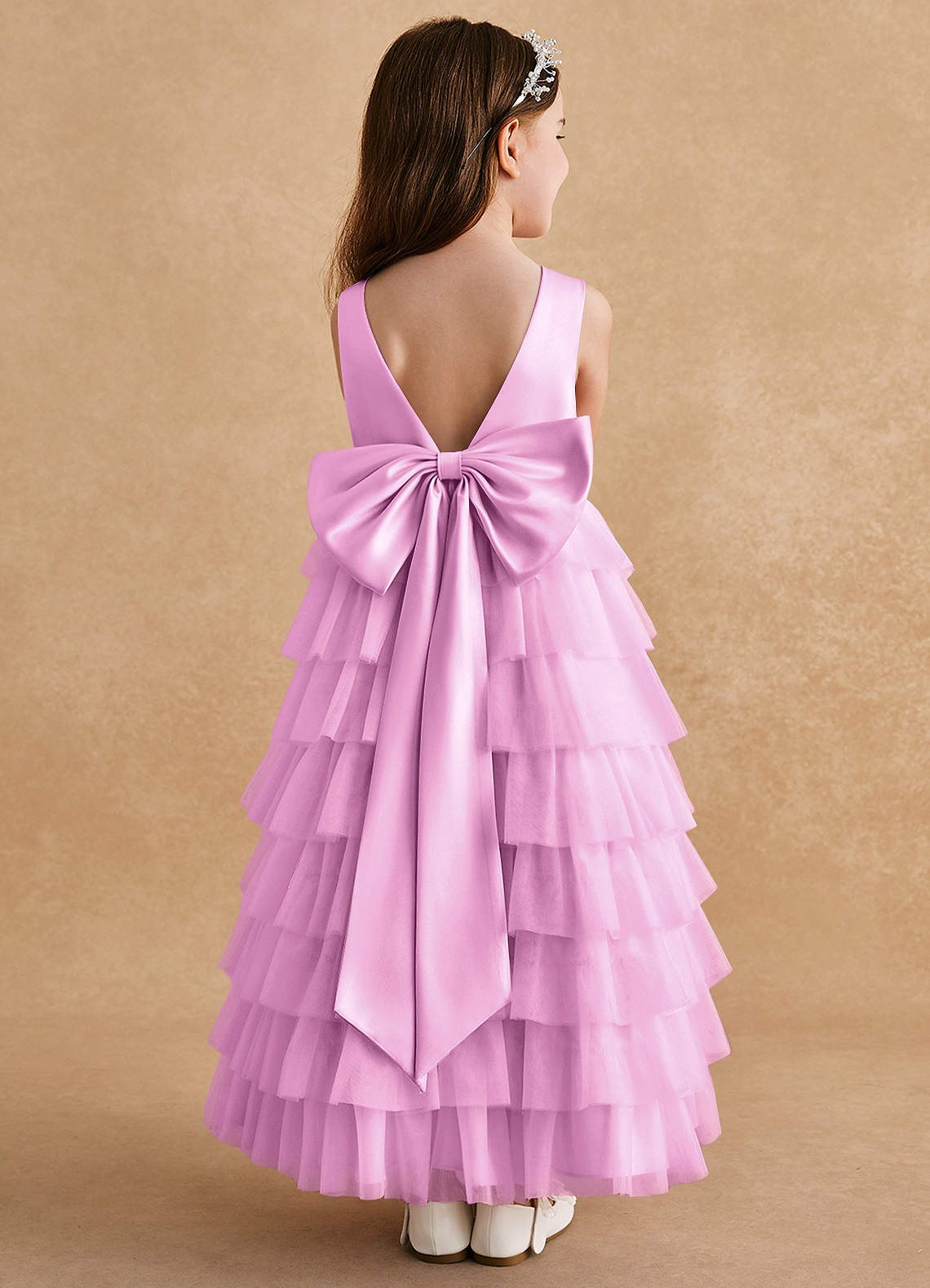 Azazie Twinkle Toes vestidos de niña de las flores Vestido de Rosa Caramelo de Tul de Corte En A con Lazo image1