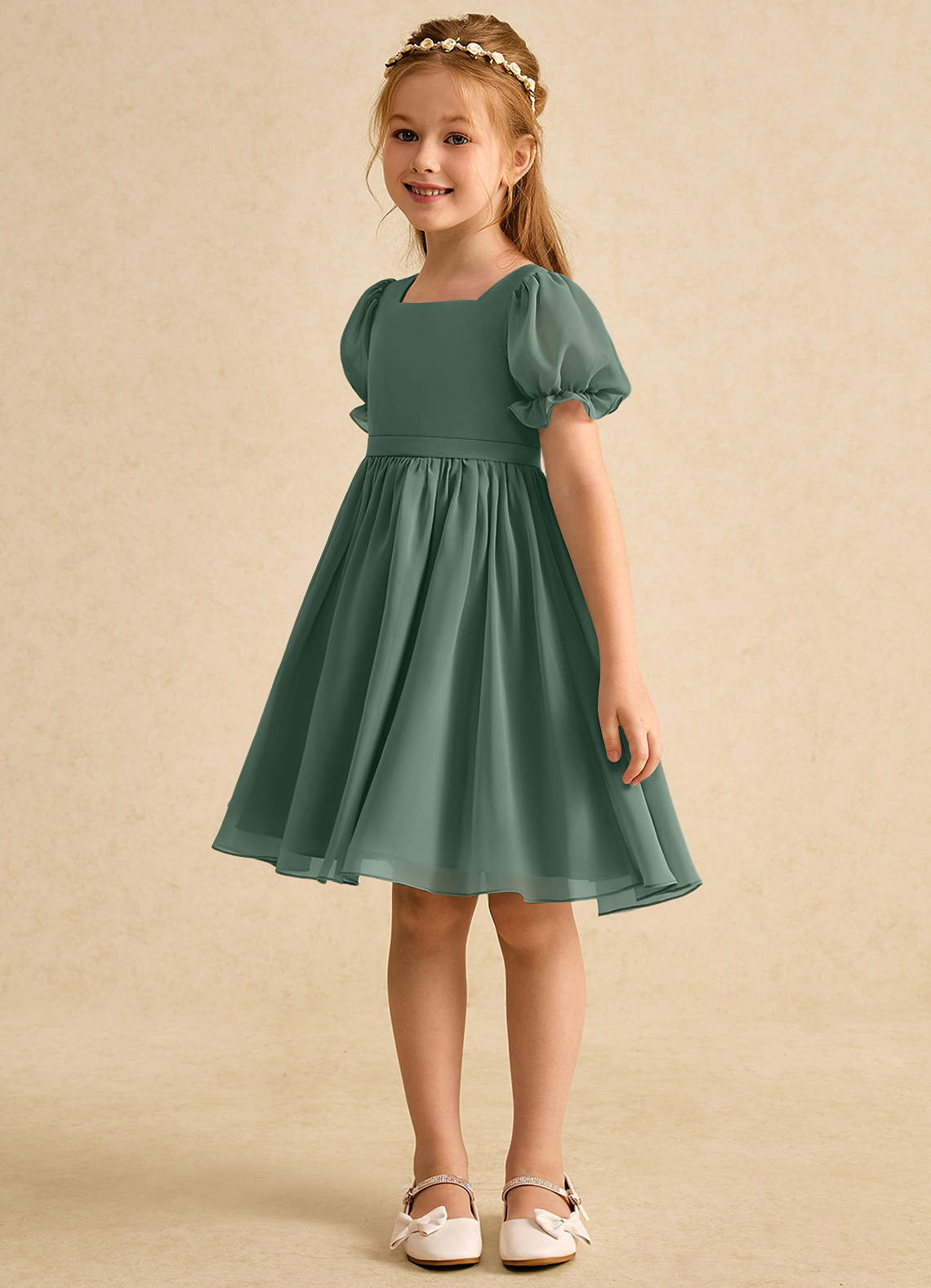 Azazie Jolie Blumenmädchenkleider A-Linie mit ärmel Chiffon Kleid Eukalyptus image4