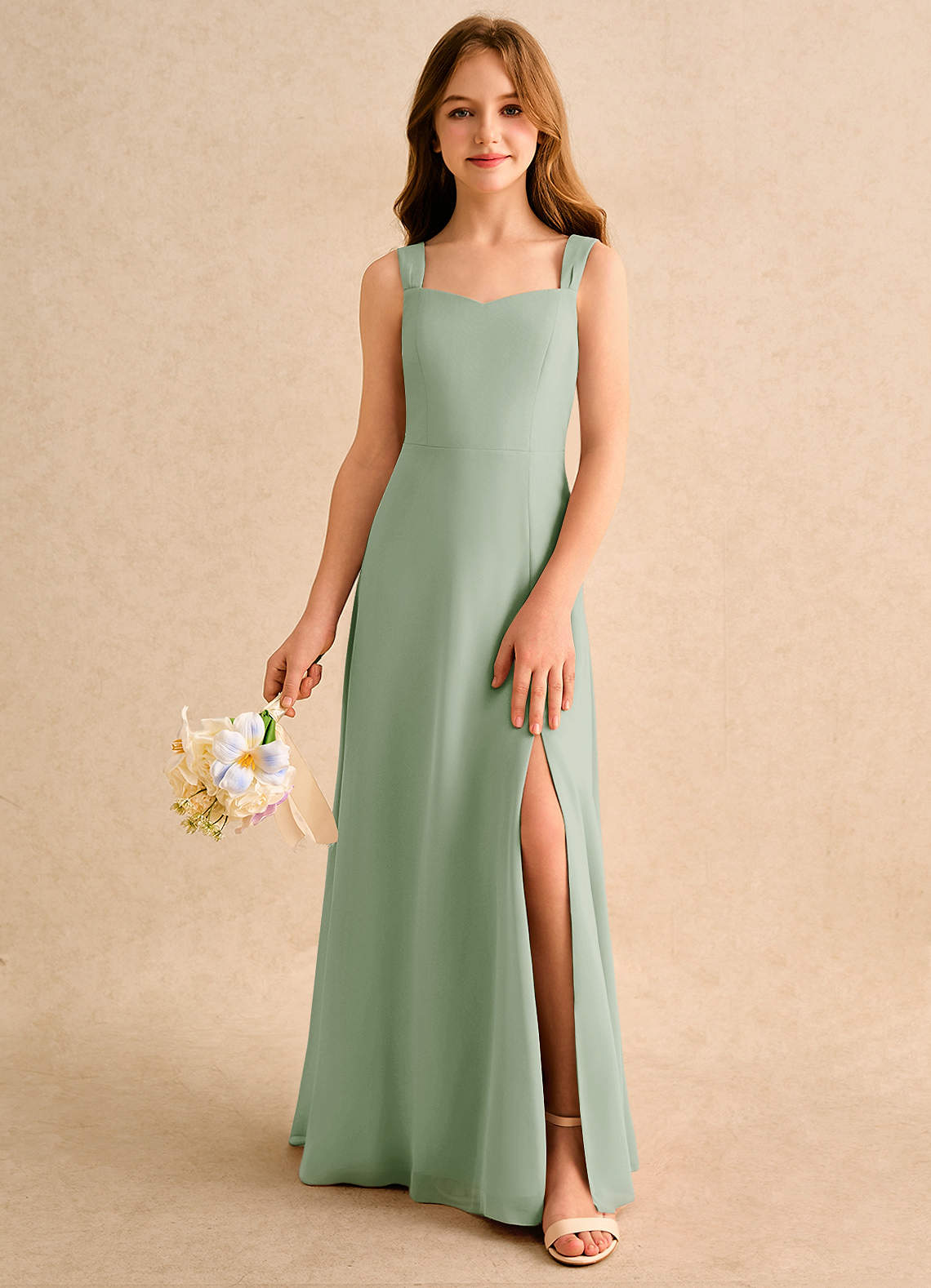 Azazie Makani Junior Formal Flower Girl Dresses Dusty Sage A-Line Sweetheart Neckline Chiffon Dress image2