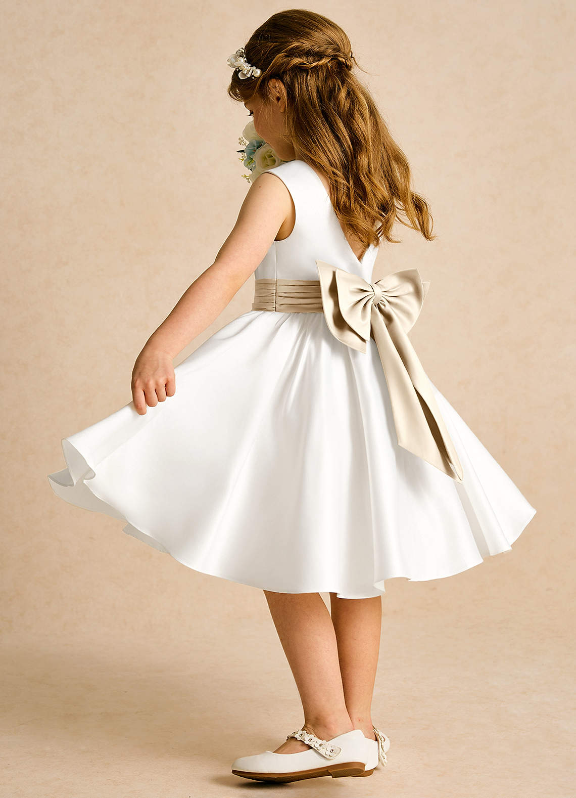 Azazie Sosie Flower Girl Dresses Ivory Champagne A-Line Pleated Matte Satin Dress image3