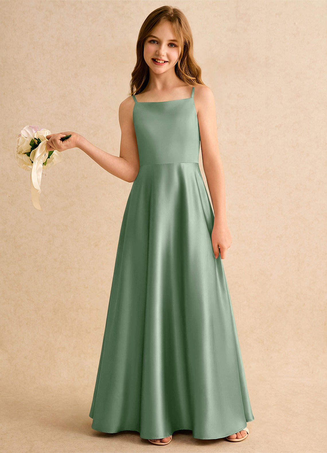 Azazie Joella Girls Formal Flower Girl Klänningar Klä A-Line i Stretch Satin Plisserad image1