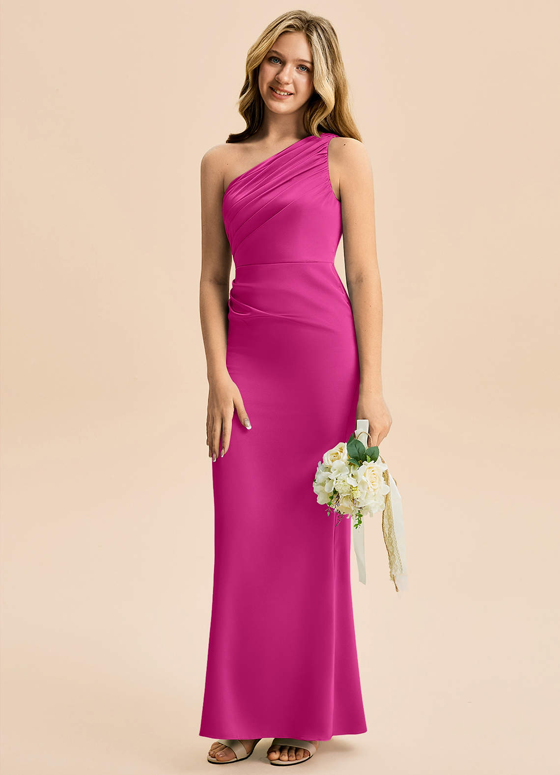 Azazie Akilah Junior Fuchsia Sheath Pleated Stretch Satin Dress image4