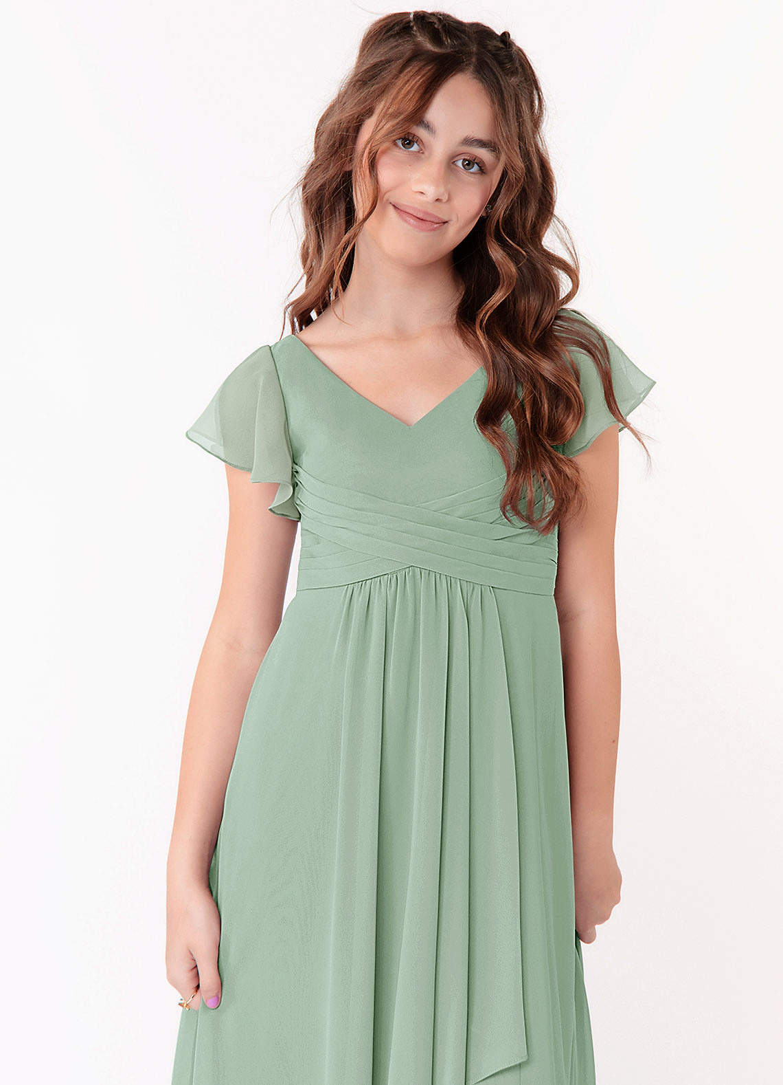 Azazie Omari Junior Agave A-Line Ruched Chiffon Dress image3