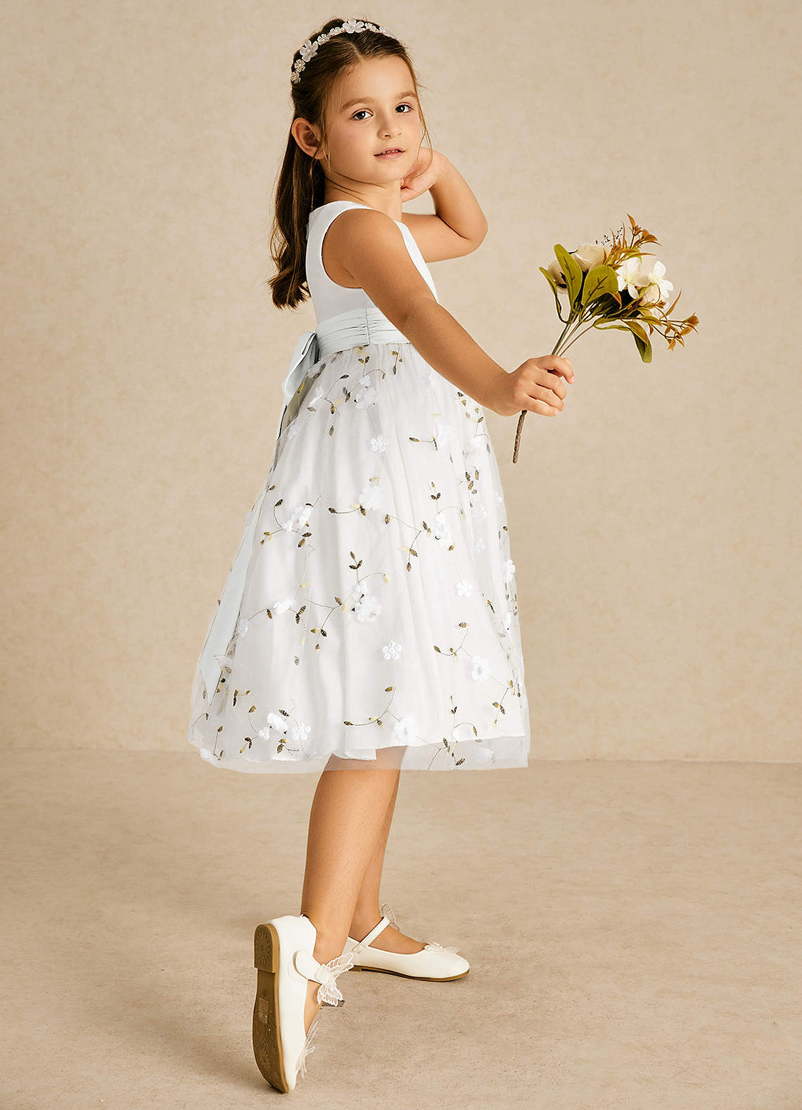 Azazie Pollie Flower Girl Dresses Diamond White A-Line Bow Tulle Dress image2